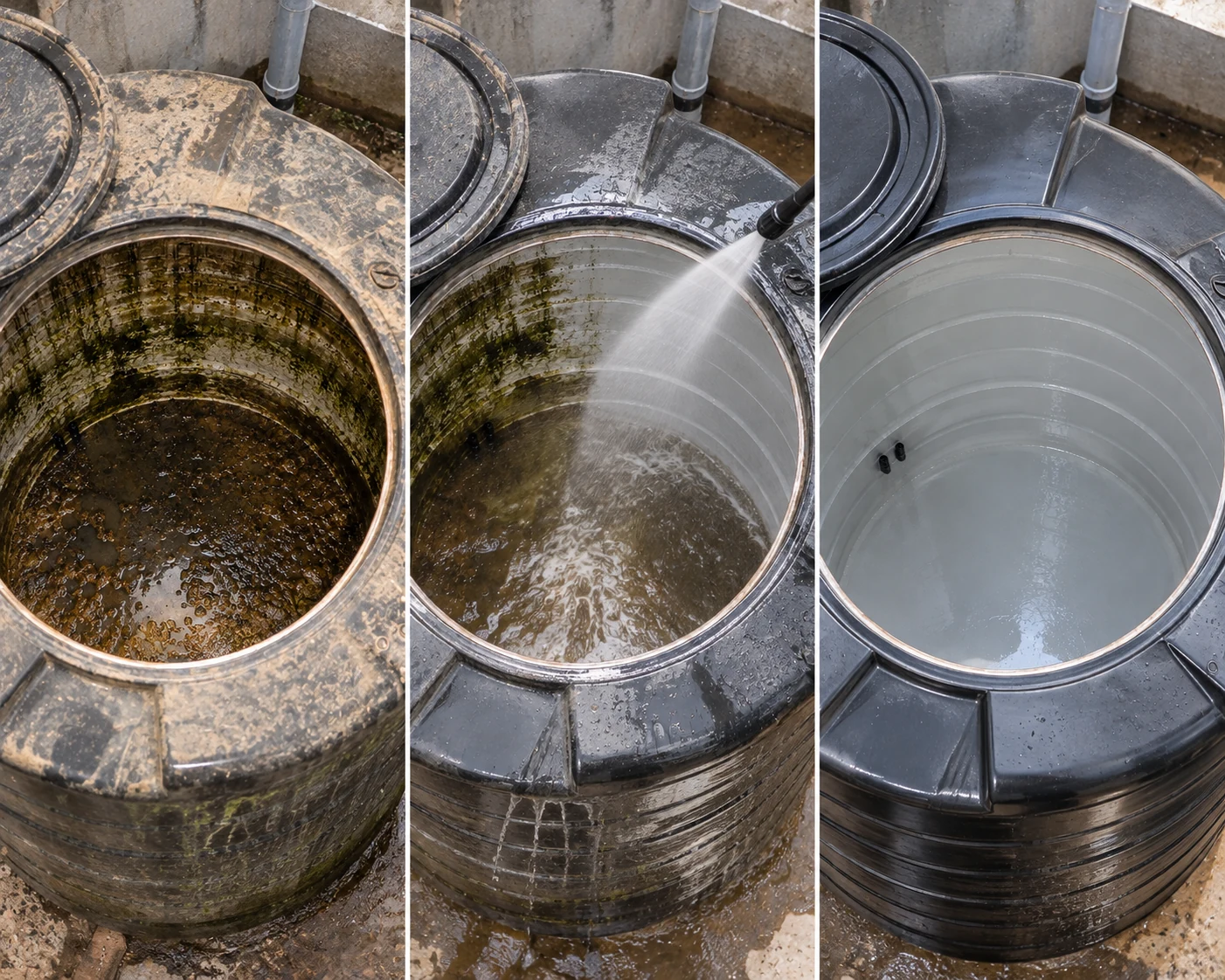 Before cleaning: residential plastic water tank with sludge and staining